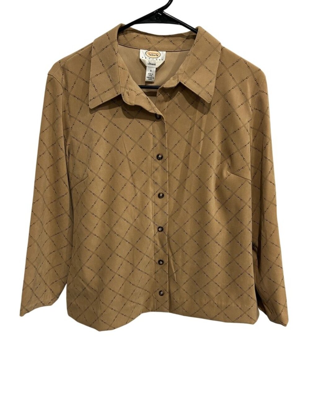 Talbots Petites Stretch Button Front Shirt Tan Sz Medium Long Sleeve Equestrian